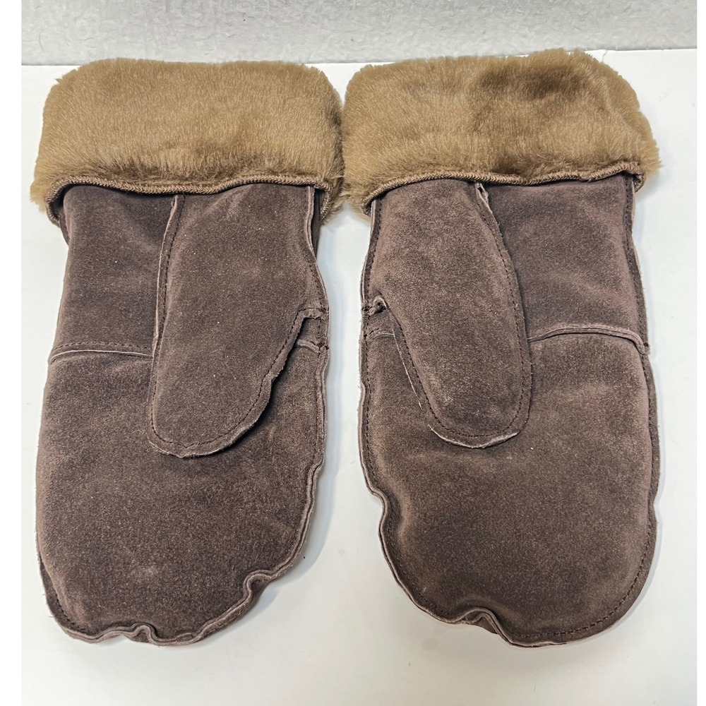 Unbranded Womens Mittens Suede Leather OS Brown Faux Fur Lined Winter Gloves